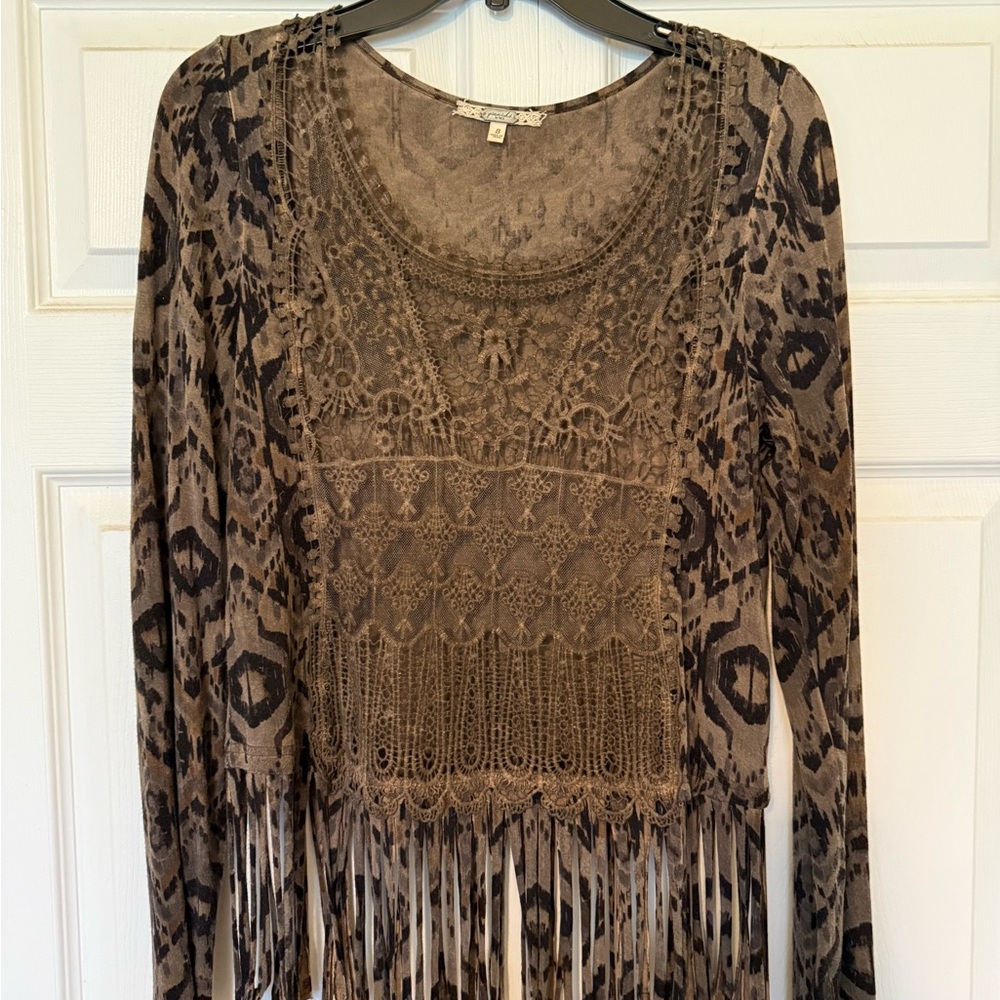 Animal Print Fringe Long Sleeve Top